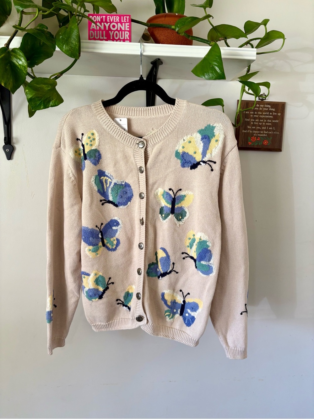 Northern Reflections Cream Cardigan with Blue, Green & Yellow Butterflies
